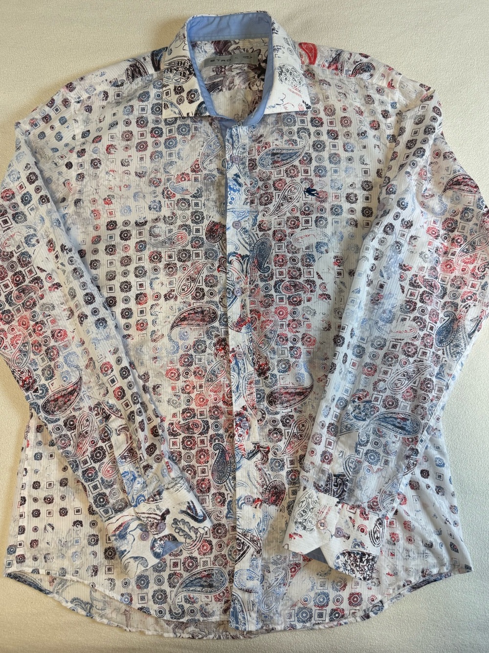 ETRO XL White Blue Paisley Geometric Pattern Mens Button Shirt Italian Luxury
